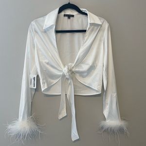 NWT White Satin Long Sleeve Feathered Cuffs Front Tie Top
